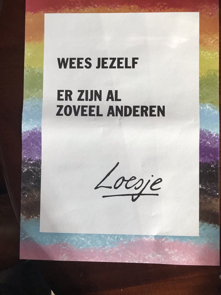 Ahmed Marcouch (@ahmedmarcouch) on Twitter photo Kijk,wat mooi, <a href="/LoesjeNL/">Loesje v/d Posters</a> hoorde mijn oproep en komt met de poster 'Wees jezelf, er zijn al zoveel anderen'.Dit is vrijheid, ook voor meisjes.Maandag is ook #wereldmeisjesdag ,de vrijheid van de één, is ook de vrijheid van de ander. Doe mee! #comingoutday
volkskrant.nl/columns-opinie… Kijk,wat mooi, <a href="/LoesjeNL/">Loesje v/d Posters</a> hoorde mijn oproep en komt met de poster 'Wees jezelf, er zijn al zoveel anderen'.Dit is vrijheid, ook voor meisjes.Maandag is ook #wereldmeisjesdag ,de vrijheid van de één, is ook de vrijheid van de ander. Doe mee! #comingoutday
volkskrant.nl/columns-opinie…