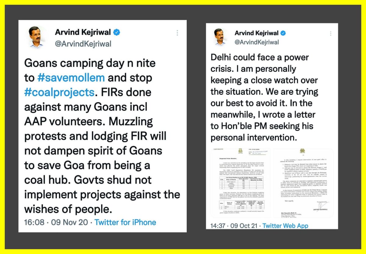 INeetuDabas's tweet image. केजरीवाल का दोहरा चरित्र!

•एक तरफ @ArvindKejriwal और AAP कार्यकर्ता गोवा में  #CoalProjects का विरोध करते हैं।
•दूसरी तरफ दिल्ली में #CoalShortage को रोकने में विफल रहने के बाद केजरीवाल को प्रधानमंत्री से हस्तक्षेप करने को भीख माँगनी पड़ती है,राजधानी में #PowerCrisis हो जाएगा।