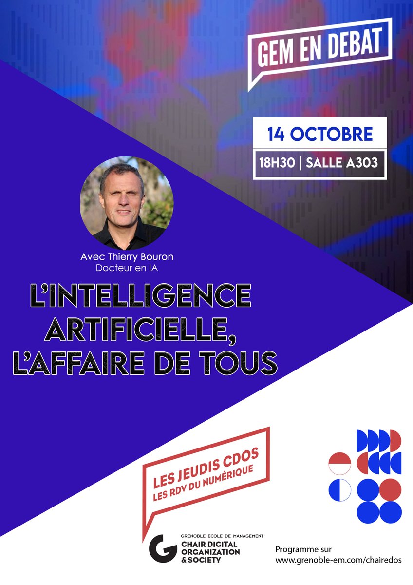Gem en Débat (@gemendebat) on Twitter photo Bonjour à tous,
Pour la reprise des jeudis des conférences, on vous propose cette fois-ci le thème de l’intelligence artificielle avec Thierry Bouron ce 14 octobre à 18h30 à <a href="/Grenoble_EM/">Grenoble EM</a>.
Voici le lien : lnkd.in/dqFqwB5p
#IA #disruption #innovation #DataScience Bonjour à tous,
Pour la reprise des jeudis des conférences, on vous propose cette fois-ci le thème de l’intelligence artificielle avec Thierry Bouron ce 14 octobre à 18h30 à <a href="/Grenoble_EM/">Grenoble EM</a>.
Voici le lien : lnkd.in/dqFqwB5p
#IA #disruption #innovation #DataScience