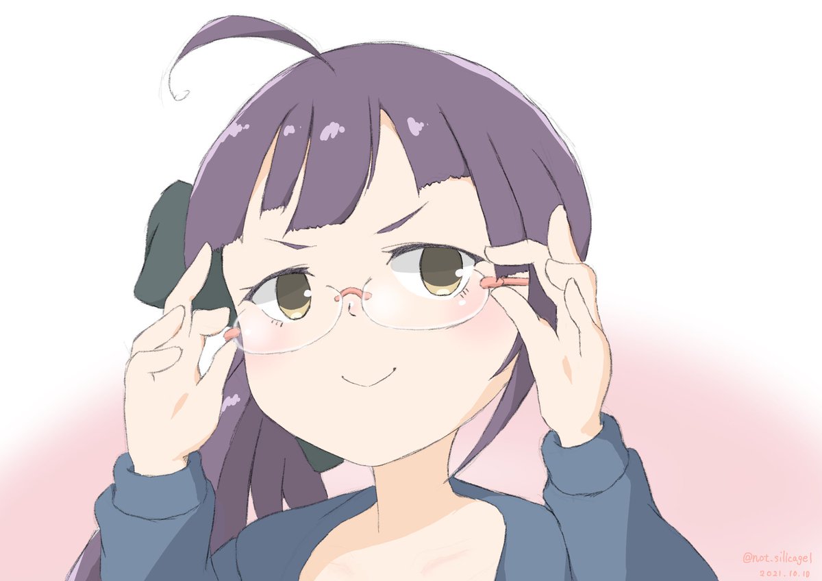 1girl solo glasses ahoge bespectacled side ponytail purple hair  illustration images