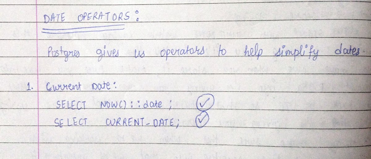 abhisheks_aura's tweet photo. Day 88: Date Operators in PostgreSQL.
#100DaysOfCode #100DaysOfTechTweets #SQL https://t.co/Odb0rtVjOY