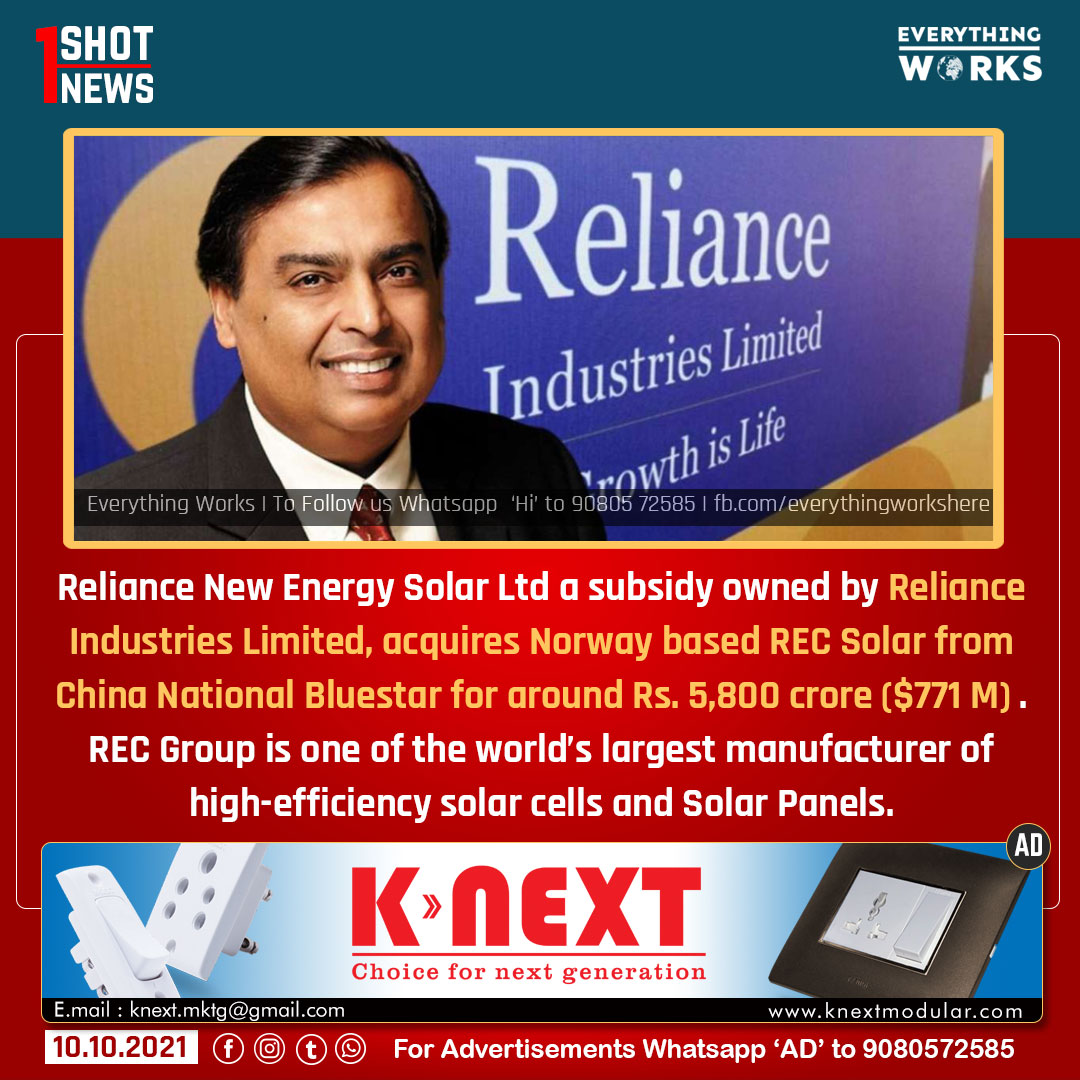 HereWorks's tweet photo. Reliance New Energy Solar Ltd a subsidy owned by Reliance Industries Limited, acquires Norway based REC Solar from China National Bluestar for around Rs. 5,800 crore ($771 M) . 

#1ShotNews | #Reliance | #RECSolar | #MukeshAmbani #GreenEnergy https://t.co/h97teyV3vV