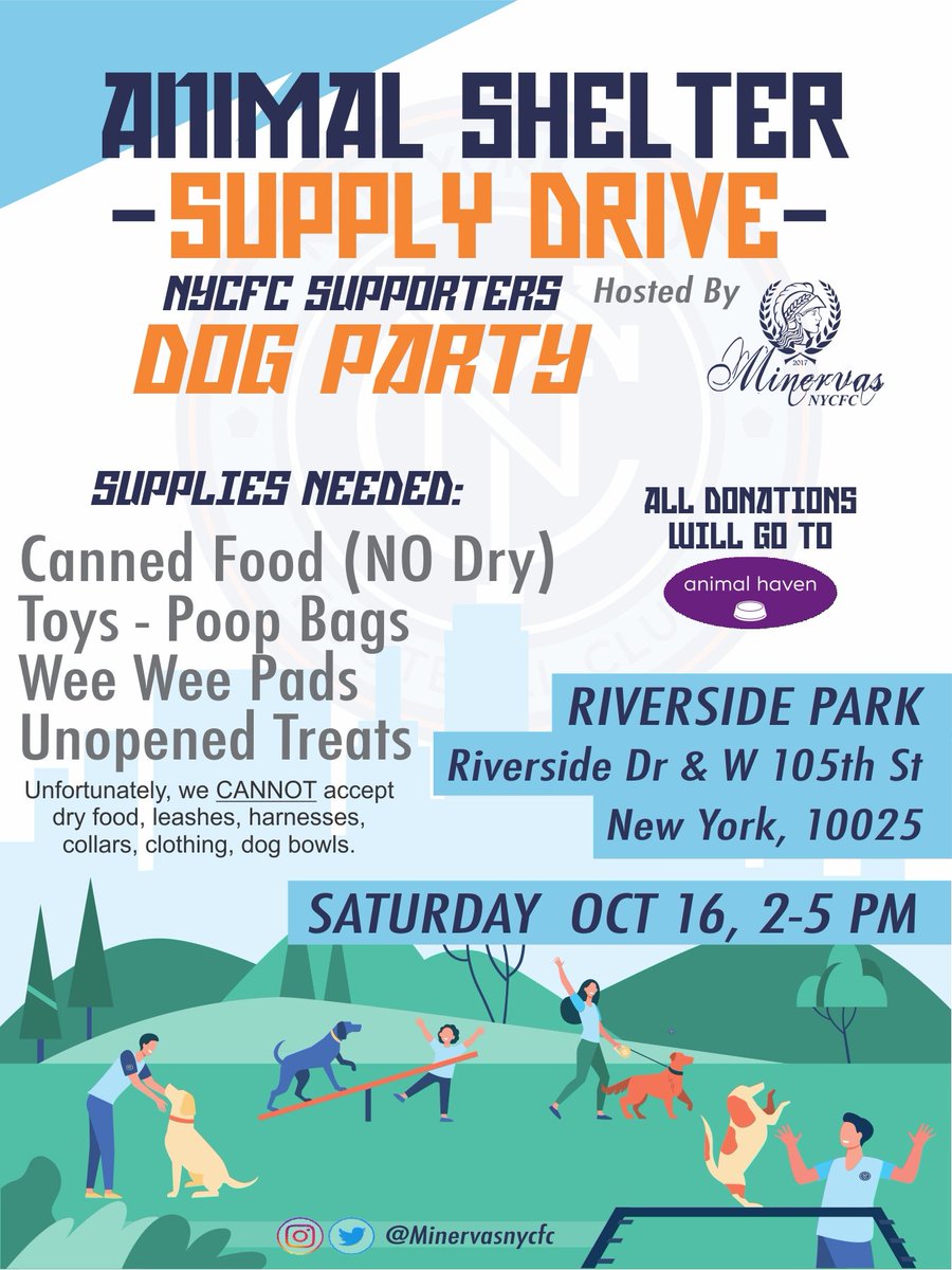 Minervasnycfc's tweet photo. ℍ𝕖𝕪 ℙ𝕒𝕨𝕣𝕖𝕟𝕥𝕤! 🐶🐕🐩
𝙻𝚎𝚝'𝚜 𝚑𝚊𝚟𝚎 𝚊 𝚙𝚕𝚊𝚢 𝚍𝚊𝚝𝚎. 🐾🐾🐾
𝗪𝗵𝗮𝘁 𝘁𝗼 𝗯𝗿𝗶𝗻𝗴?
- Canned Food (NO DRY)
- Unopened Treats
- Toys
- Poop Bags
- Wee Wee Pads
🚫We can't accept:
-Dry Food, Clothing,  Leashes,  Collars, Harnesses,  Dog Bowls
#NYCFC https://t.co/bwrhCMSLmw