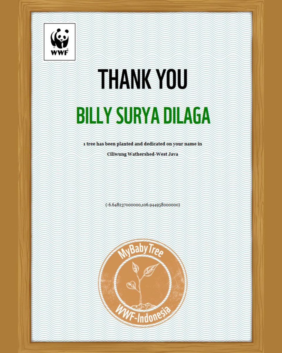 itsbillysuryad's tweet image. On 12 January 2018, I participated to Greening Indonesia&apos;s nature with adopt a tree virtually. @WWF planted, cultivated, and help to monitor my tree in the planting areas in Ciliwung Wathershed, West Java. @WWF_ID

#WWFINDOENSIA #MybabyTree 
#TreePlanting #Nature