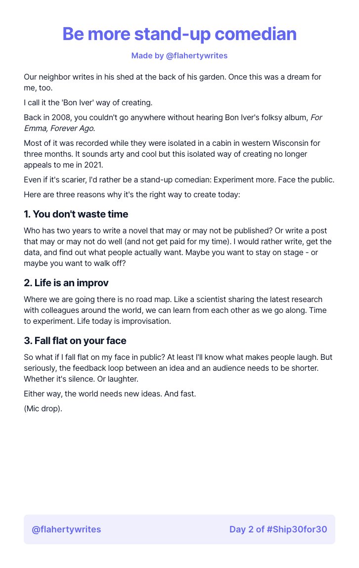 THREE reasons why writing today is more like stand-up comedy. 

Rather than writing in a log cabin in the woods.

<Mic drop> #Ship30for30