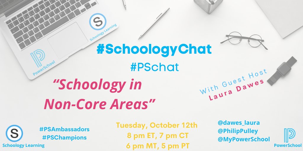 Join us Tue, Oct. 12th for the next #SchoologyChat 

This Tuesday's guest host is <a href="/dawes_laura/">thebossbrunettelibrarian</a> and our topic is "Schoology in Non-Core Areas." Come &amp; share your tips &amp; ideas on Courses v. Groups and even learn some new ones! 8pm ET/5pm PT.
@apptasticteach <a href="/MyPowerSchool/">PowerSchool</a> <a href="/jdemian/">johnny demian</a>