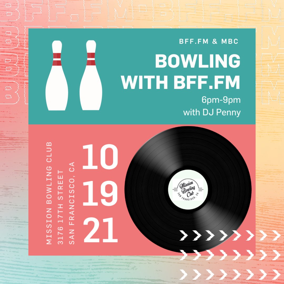 Let's go bowling! <a href="/MissionBowling/">Mission Bowling Club</a> is letting us DJ this party on Tuesday October 19. Catch our DJ <a href="/ppinkyring/">Penny</a> from 6pm-9pm. Bring your friends and grab a lane! Last game starts at 8pm. Mask &amp; proof of vaccination required.