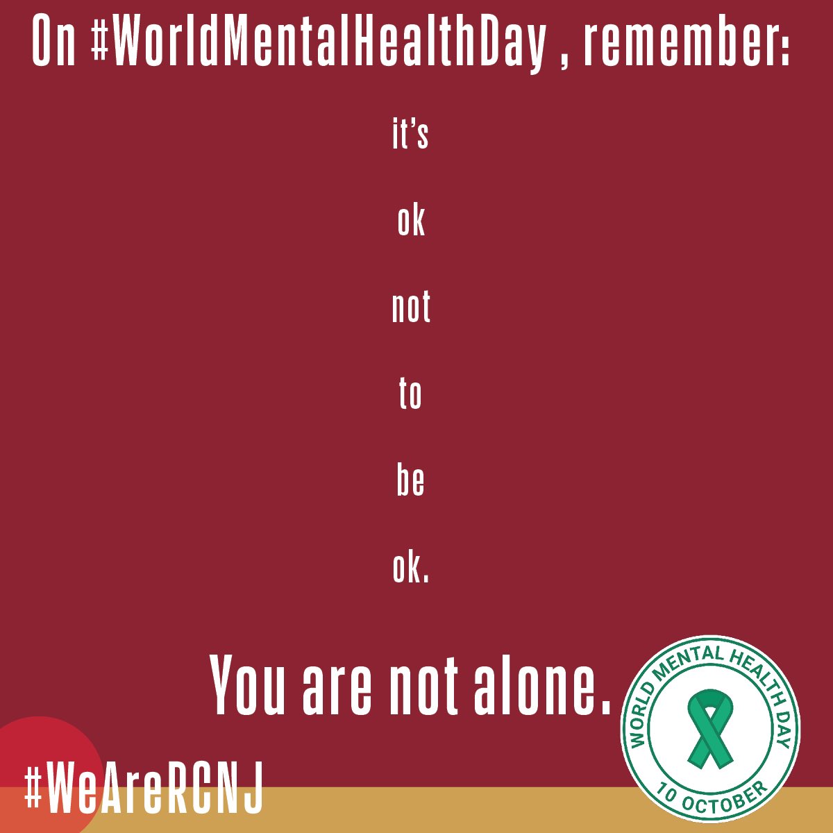 You are not alone. #WorldMentalHealthDay 

#RCNJ campus hotline: 201-684-7522
NJ Mental Health Cares: 866-202-HELP (4357)
Or Text “NJHOPE” TO 51684
NJ Hopeline: 1-855-654-6735
Videophone: 
973-870-0677 
#WeAreRCNJ #MentalHealthMatters
<a href="/ramapocollegenj/">Ramapo College</a> <a href="/activemindsrcnj/">Active Minds RCNJ</a> <a href="/RamapoSGA/">Ramapo SGA</a>