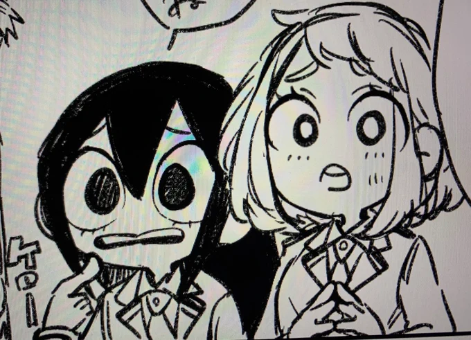 今あるネタの下描き全部終わった!!!!お茶子ちゃんと梅雨ちゃんをひたすら可愛く描きたくて頑張った。改めて見るとお茶子ちゃん微妙かもしれへんくそっ! 