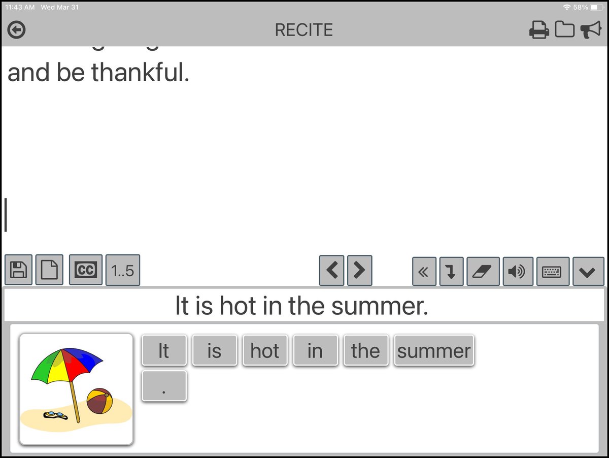 ReciteLearning's tweet image. Recite for iPad has several #differentiation options to increase difficulty based on your students' needs when building sentences. Change word order, add an example sentence or a pop-up model.  recitelearning.com
 #assistivetech #CTG2021