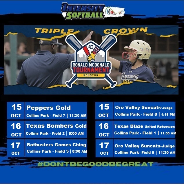 We are ready to hit the dirt next weekend at the Ronald McDonald tournament at Colins park! Oct. 15 - 17, 2021 | Houston, TX

Follow this link for updates on our games:  tourneymachine.com/R97575

 #gointensity #winthemoment #greatnessisachoice #16U #softball #readytoshocktheworld