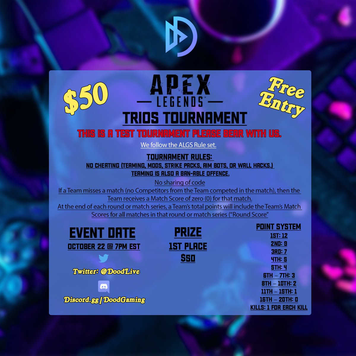 Simplee_Create's tweet photo. 🚨Apex Legends Trios Tournament October 22 @ 7pmEST!
$50 Prize Free Entry 

Co-host w/ @GlobalGamingTo1 &amp; @_LeaveNoWitness 

Sign up Below 👇
https://t.co/ccDZeyWVaI https://t.co/nfQhlmx4N5