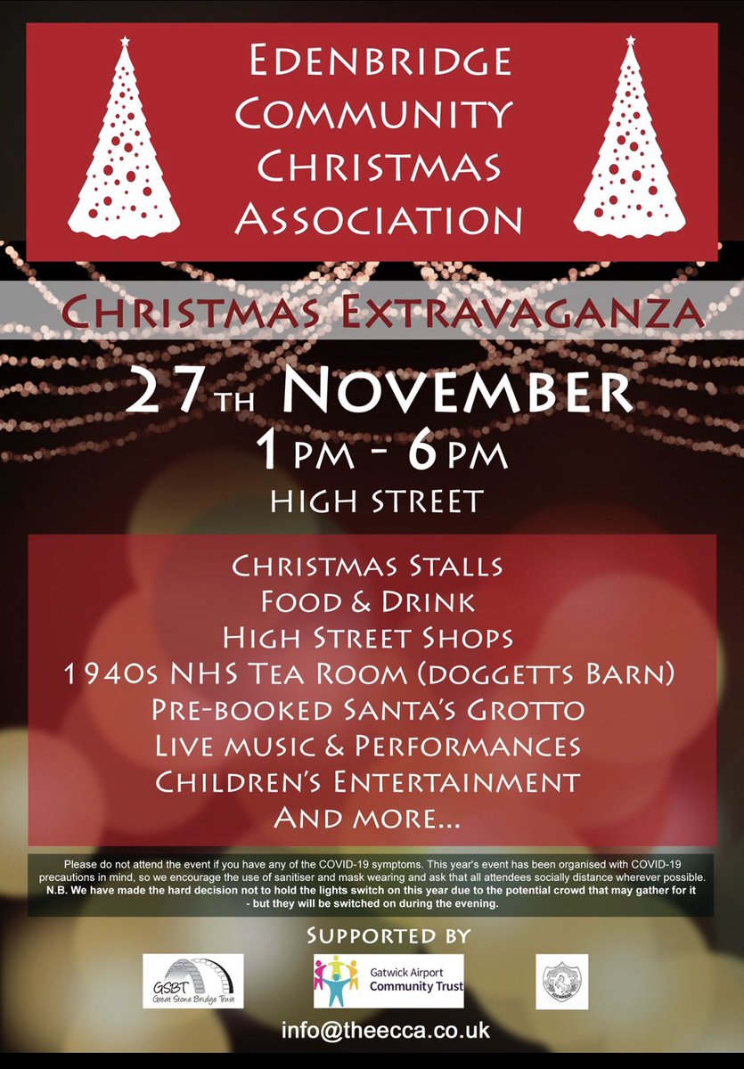 ECCA (@ecca_edenbridge) on Twitter photo We are very pleased to launch our 2021 flyer!
Please like and share our event. We still have a few spaces available for stalls please email stalls@theecca.co.uk for a form.
Watch this space as we shall shortly be sharing details on how to pre-book our Santa's Grotto. We are very pleased to launch our 2021 flyer!
Please like and share our event. We still have a few spaces available for stalls please email stalls@theecca.co.uk for a form.
Watch this space as we shall shortly be sharing details on how to pre-book our Santa's Grotto.