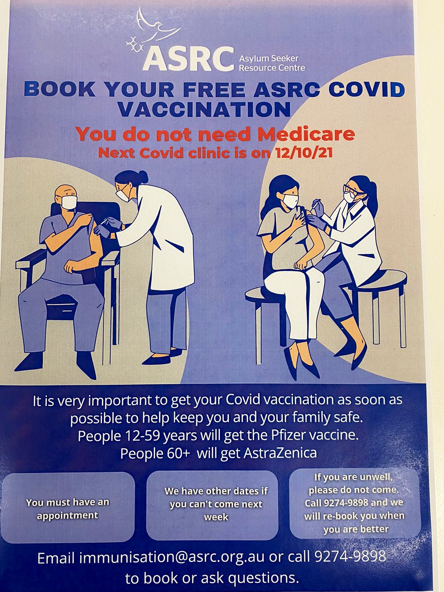 ASRC1's tweet photo. The Asylum Seeker Resource Centre is running weekly #COVID19 #vaccination clinics for people seeking asylum at the @ASRC1. They are free. You do not need a Medicare card. The next one is October 12th. Email us or call to book or to ask any questions you have first. Details here👇🏼 https://t.co/X7if03mdbT