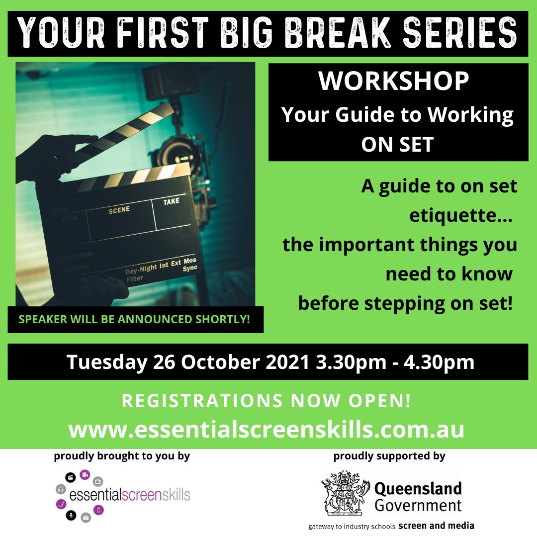 YOUR FIRST BIG BREAK Are you looking to break into the Screen and Media industry? 
REGISTER NOW @ essentialscreenskills.com.au/.../virtual-ev…
#cvwriting #networking #screentest #onset #filmsets #filmset #screen #screenindustry #television #media #filmmaker #filmmakers #youngfilmmakers
