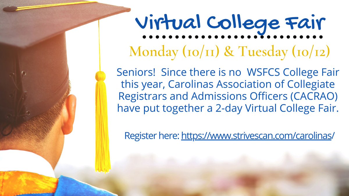 Register now to attend <a href="/CACRAO/">CACRAO</a> Virtual College Fair Monday &amp; Tuesday from 5-7:45pm
strivescan.com/carolinas
