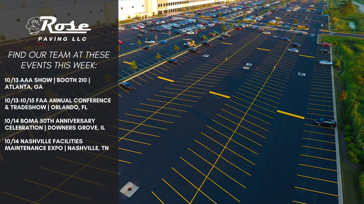 RosePavingCo's tweet photo. Our teams are busy this week! Find your local @RosePavingCo reps at one of these events & ask about fall maintenance tips! 🍁
@atlaptasn Show ➡️ Booth 210
@FLApartments Annual Conference & Trade Show
@BOMASuburbanCh 50th Anniversary Celebration
#Paving #PavingPartner https://t.co/lGpCFEC4gk