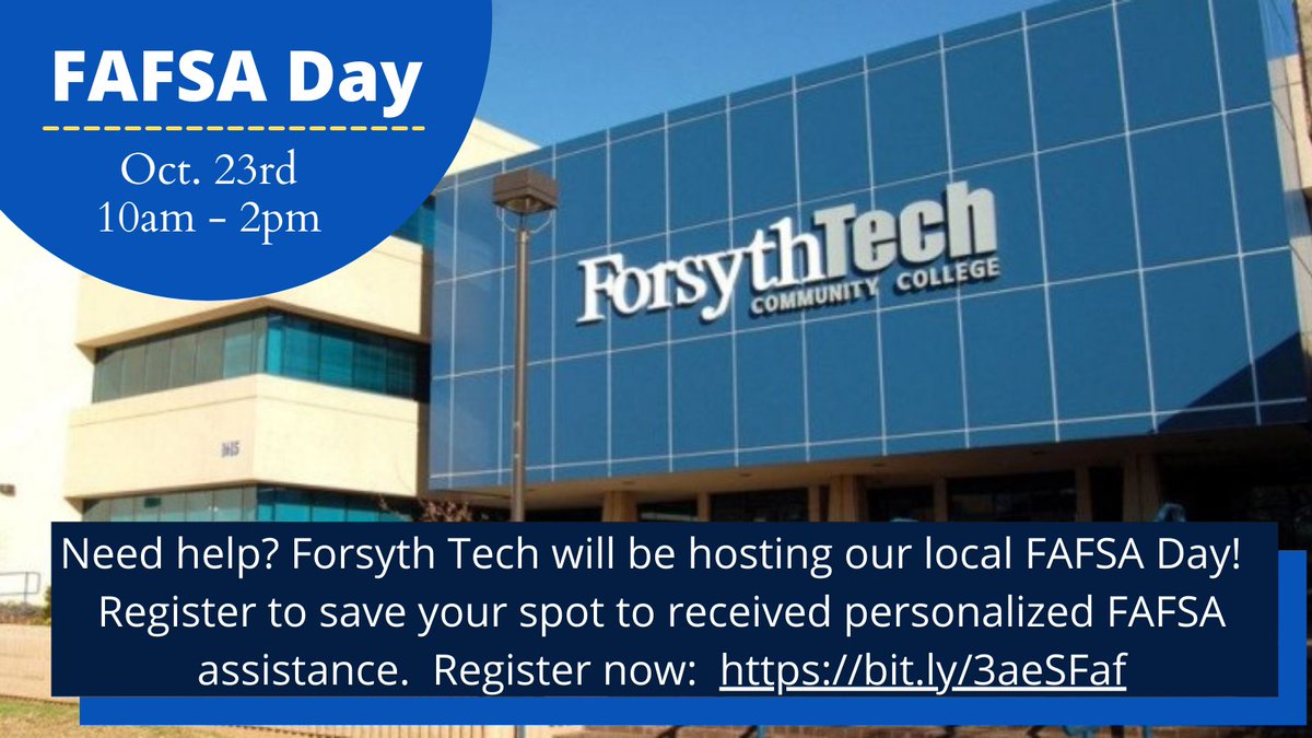 Mt Tabor Student Services (@mthsguidance) on Twitter photo Want help with your FAFSA? <a href="/ForsythTechCC/">Forsyth Tech</a> is hosting FAFSA Day in our area October 3rd and welcomes all families to sign up and attend!
Register here: bit.ly/3aeSFaf Want help with your FAFSA? <a href="/ForsythTechCC/">Forsyth Tech</a> is hosting FAFSA Day in our area October 3rd and welcomes all families to sign up and attend!
Register here: bit.ly/3aeSFaf