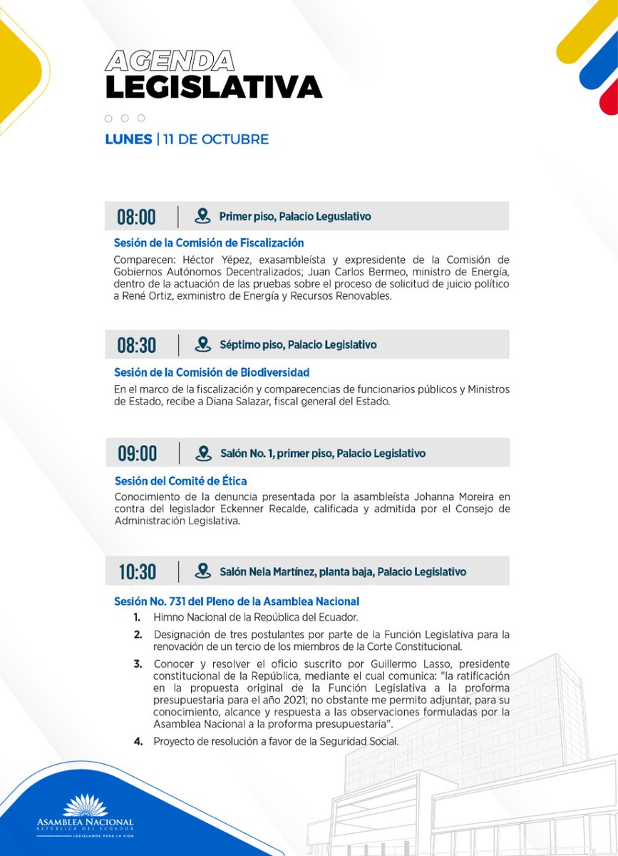 Sesión 008, Lunes 11 de octubre
#AgendaLegislativa