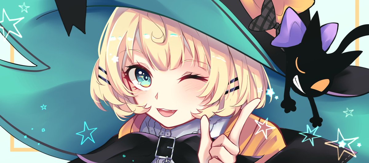1girl one eye closed hat blonde hair witch hat smile black cat  illustration images