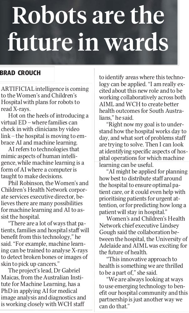 Gabriel_Maicas's tweet image. The collaboration between @TheAIML and Women&apos;s and Children&apos;s Health Network in the press.
Embedding AI in the hospital to improve patient outcomes and experience, and hospital efficiency.
Credit to @johanverjans @DrLukeOR for their priceless input!