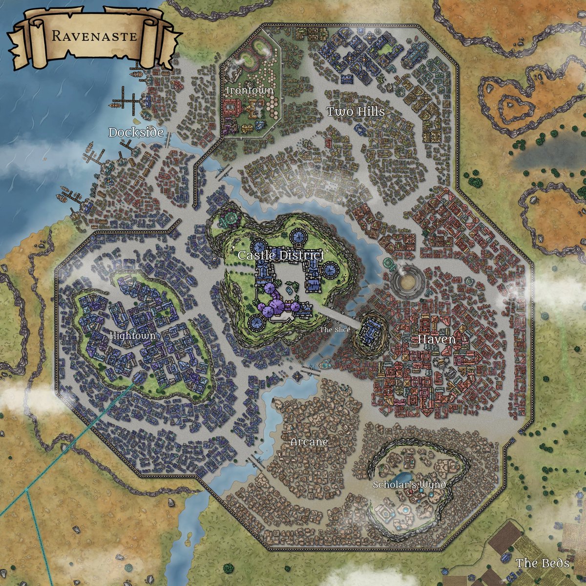 JimmyTeee's tweet image. Getting ready for a new #dnd Campaign means getting a new capital city map together. still a work in progress but very happy with how this is coming along #ttrpg #fantasymaps @inkarnaterpg