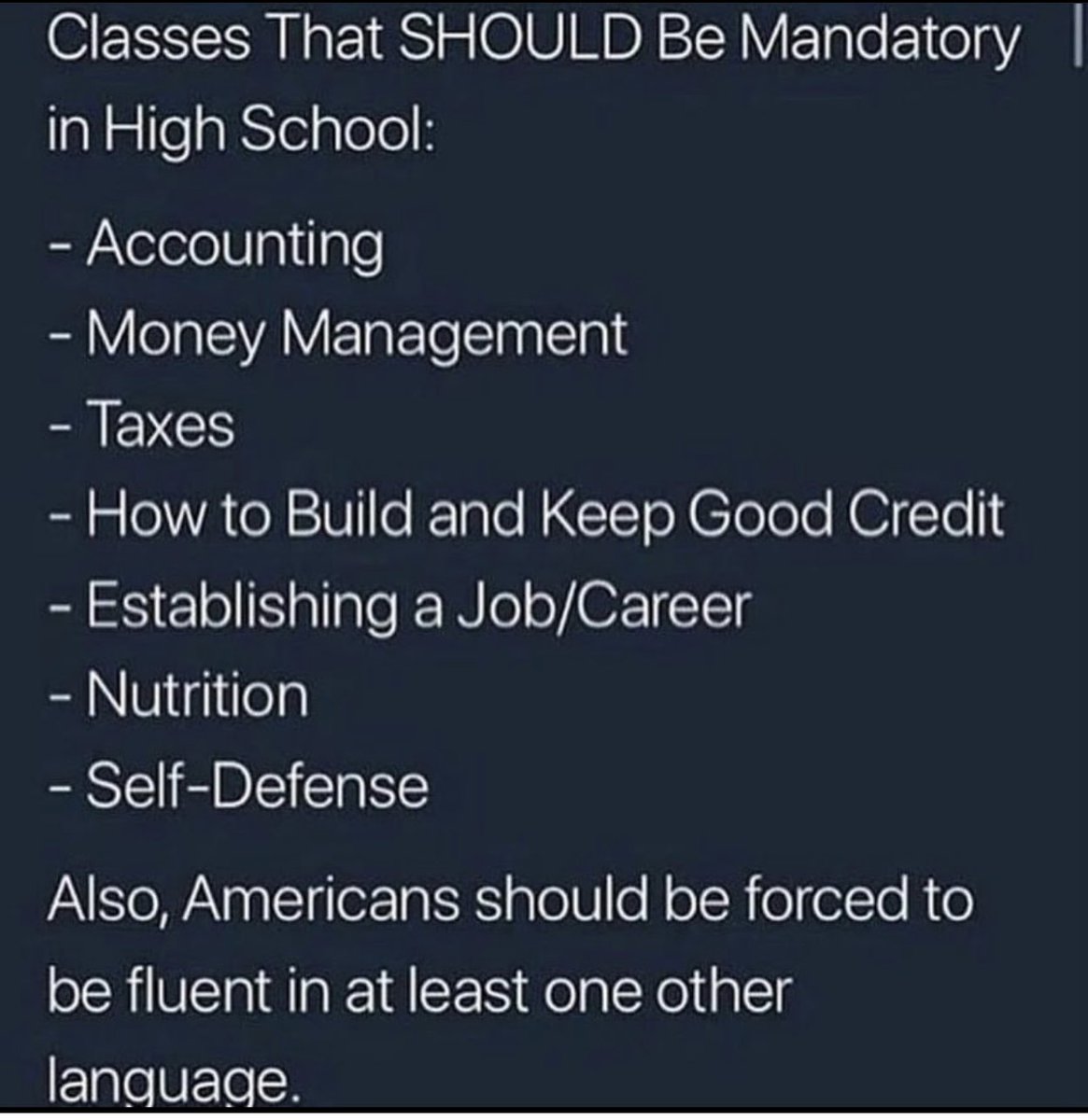 valuetainment's tweet photo. Type YES if you agree. If you’re feeling bold, add what you think should be mandatory in schools. https://t.co/ixrMROd3PS