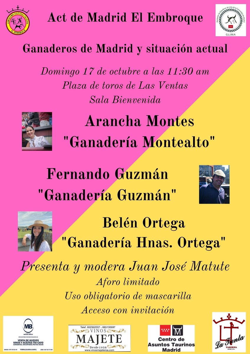 El domingo que viene debuta en <a href="/LasVentas/">Plaza de Las Ventas</a> la <a href="/AEmbroque/">ACT de Madrid El Embroque</a> y <a href="/MatuteMol/">Juan José Matute Mol</a> en la sala Bienvenida,un cartel de primera con  <a href="/Montealto_UNJ/">Ganadería Montealto 🇪🇦</a> <a href="/GanaderiaGuzman/">Ganaderia Guzman</a> y Belén Ortega en representación de la ganadería Hermanas Ortega,allí estaremos para verlo