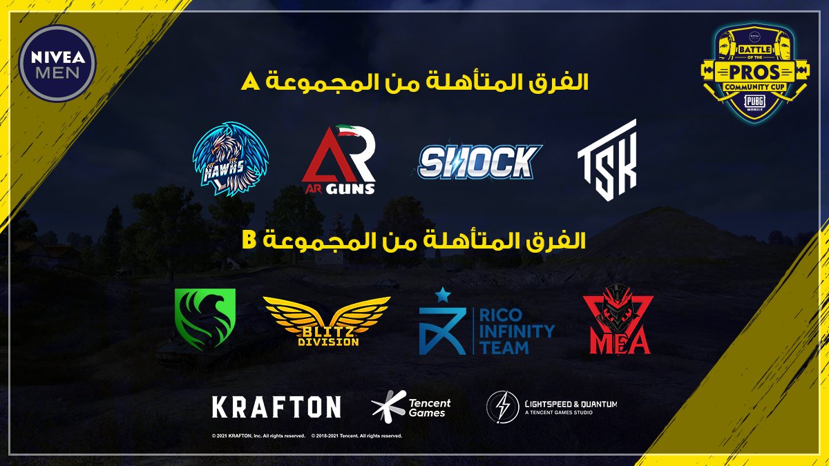 MGG_Arabia's tweet photo. إليكم الفرق المتأهلة من المجموعة الأولى والثانية لبطولة Battle of The Pros 💪🏽

ترقبونا غدًا لتحديد هوية باقي المتأهلين 🔥

#BattleofThePros #PUBGMobile #Nivea
#NiveaMenBoTP #NiveaMenCommunityCup https://t.co/s8mDbLuCpH