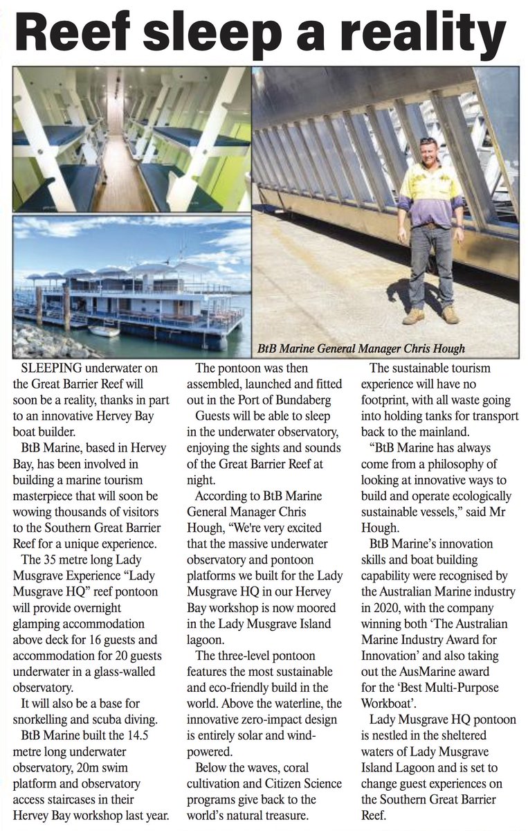 btb_marine's tweet photo. Big shout out to the #HerveyBayAdvertiser for sharing our news about the massive #underwaterobservatory we helped build for #LadyMusgraveExperience. You can now sleep underwater in a coral reef lagoon &amp; on deck in luxury tents. 
#herveybay #ladymusgrave #greatbarrierreef #tourism https://t.co/lJ4r9E5VRb