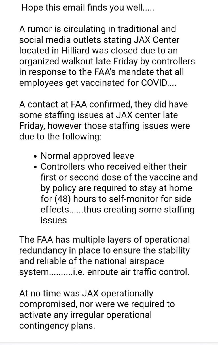 BREAKING: I have obtained this email sent by Jacksonville Aviation Authority COO Tony Cugno to the JAA board of directors regarding the delays at JIA on Friday that refutes “rumor”of an organized walkout by controllers regarding vaccination mandate @ActionNewsJax
