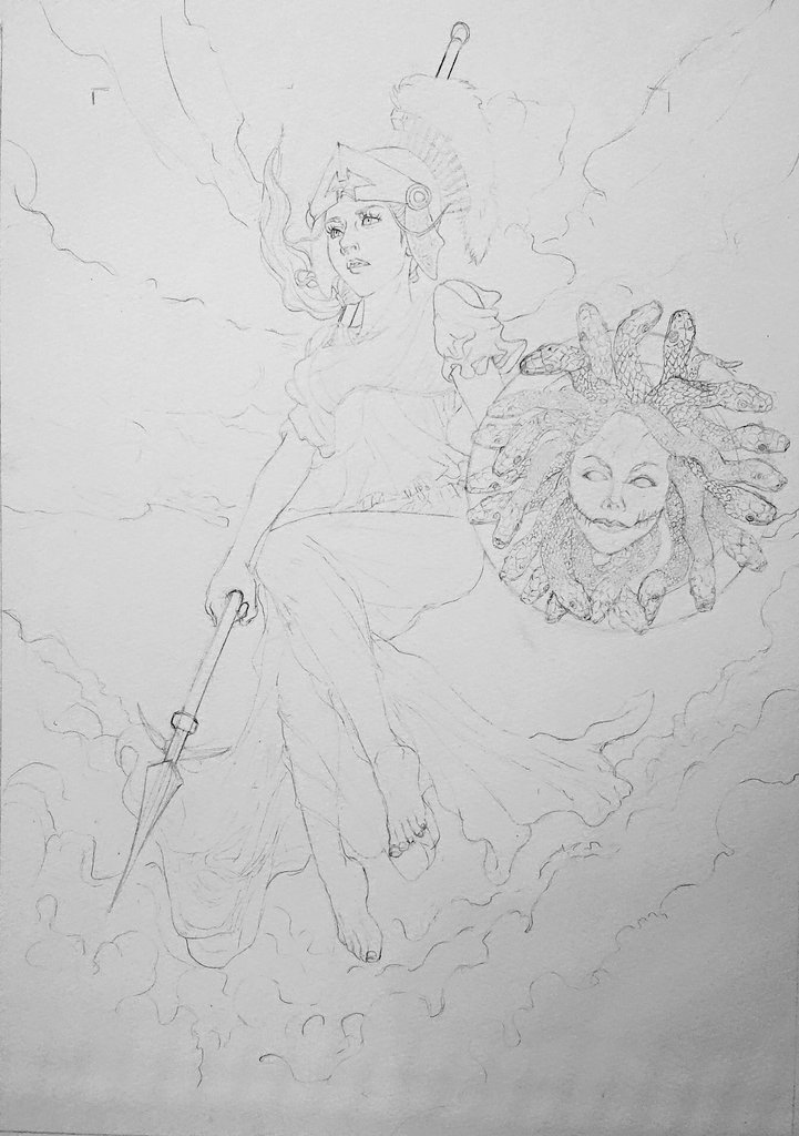 下描きやっとできました😅💦
12月の銀座ギャラリー様企画展用です😊昨年はウロボロス(始まりであり終わりである・生命の循環・死と再生)をミューズと共に描きましたが、今年はありとあらゆる災いを払う最強の盾アイギスを持つ闘う女神アテーナです😊コロナが蔓延る激動の時代に勝利を。 