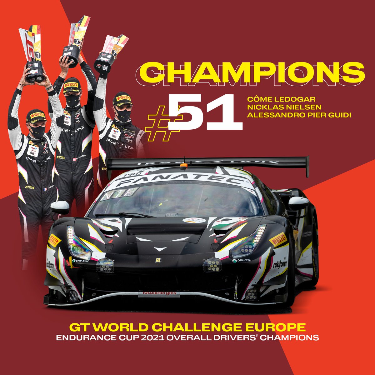 Ferrari Races (@ferrariraces) on Twitter photo .<a href="/Ale_PierGuidi/">Ale Pier Guidi</a>, <a href="/_Nicklasnielsen/">Nicklas Nielsen</a> and <a href="/ComeLedogar/">Côme Ledogar</a> are the 2021 <a href="/GTWorldChEu/">GT World Challenge Europe Powered by AWS</a> Endurance Cup Overall Drivers’ Champions after the <a href="/Circuitcat_eng/">Circuit de Barcelona-Catalunya</a> round. 🏆
Congratulations are in order, great job guys!
<a href="/ironlynx_/">Iron Lynx</a> #Ferrari488GT3Evo2020 #FerrariCompetizioniGT #FerrariRaces .<a href="/Ale_PierGuidi/">Ale Pier Guidi</a>, <a href="/_Nicklasnielsen/">Nicklas Nielsen</a> and <a href="/ComeLedogar/">Côme Ledogar</a> are the 2021 <a href="/GTWorldChEu/">GT World Challenge Europe Powered by AWS</a> Endurance Cup Overall Drivers’ Champions after the <a href="/Circuitcat_eng/">Circuit de Barcelona-Catalunya</a> round. 🏆
Congratulations are in order, great job guys!
<a href="/ironlynx_/">Iron Lynx</a> #Ferrari488GT3Evo2020 #FerrariCompetizioniGT #FerrariRaces