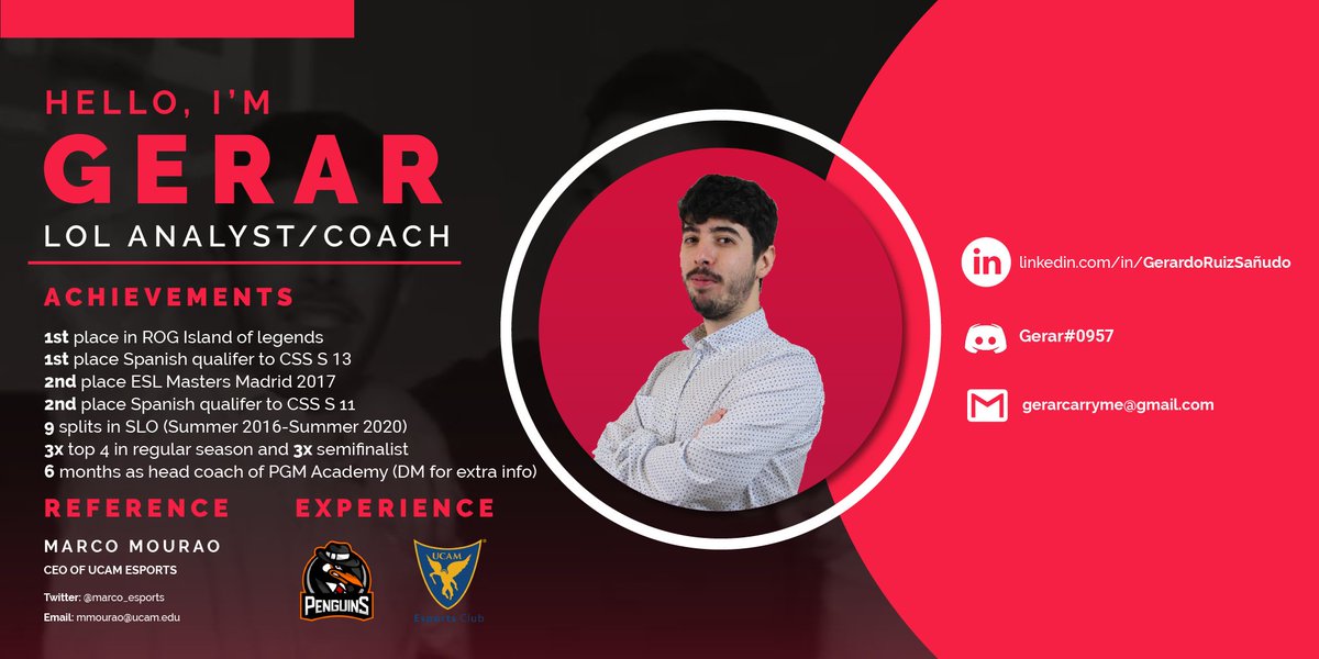 GerarCarryMe's tweet photo. After a year out of the scene I am LFT, I will prioritize offers from SL, LEC and other ERLs as coach/analyst. 
I will consider other kind of offers if I feel motivated about them.

🔗 CV and works available upon request
✉️ gerarcarryme@gmail.com
📭 DM's Open
🔁 RTs Appreciated https://t.co/5Bhj5vLZJe