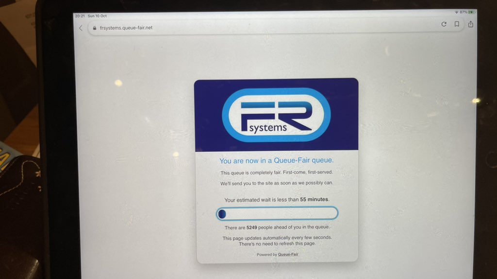 DavidHodges18's tweet photo. Wtf! 3 hours and 22 mins in the queue this just happened! @frsystems you need to explain this horror story. #percypud #notjustanyqueuethisisaqueuefairqueue #notafairqueue https://t.co/8v2z3xgGSq
