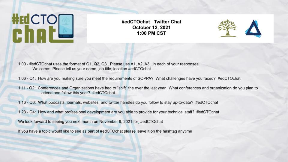 Please join us this Tuesday at 1pm CST for a #edCTOchat <a href="/il_etl/">IETL</a> <a href="/CoSN/">CoSN</a> Please take time to share this and tag a friend to join!
