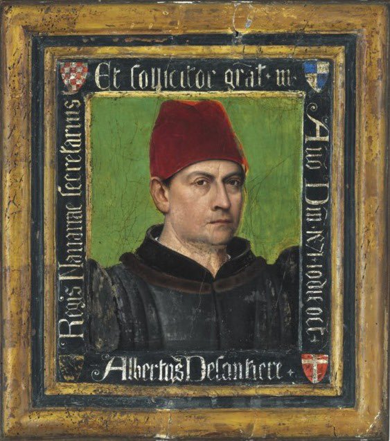 Albertus Delantiere, Secretario del Rey de Navarra(…regis Navarrae secretarius), realizada por el círculo de Jean Fouquet,(Tours 1425). Obra realizada en 1471. Maravilla subastada  en  Christie’s. Sus propietarios eran de Chicago y finalmente fue adquirida por 206.000 USD.