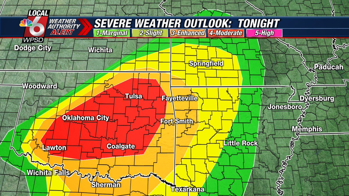 TONIGHT: Significant severe weather likely to unfold in Oklahoma. A level 4/5 risk of severe storms is in effect. 

Up to baseball sized hail, tornadoes, and major wind damage all possible after sunset. 

A strong or long tracked tornado is also possible.