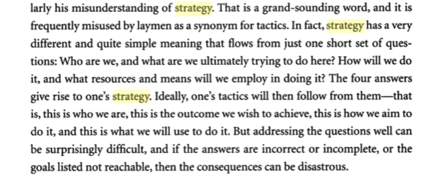 sedentarian's tweet photo. People still confuse strategy and tactics ALL the time, and TBH I don't always keep them straight in my own mind. This bit in Ricks's book on Iraq War II is good: https://t.co/AiXA3n0B38