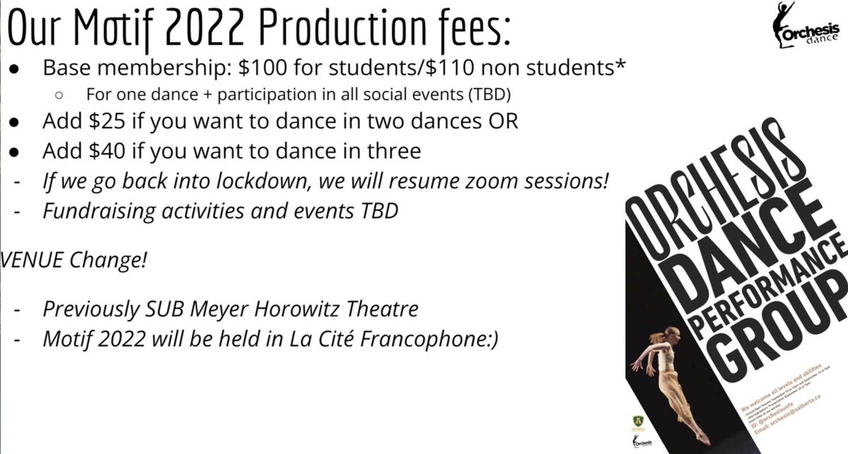 LAST CALL for ODPG Dancers for MOTIF 2022! 
  #orchesis #ODPG #Motif2022
Membership Fees are now due! Please email your payment to orchesis@ualberta.ca and ensure you have your AIMS registration completed and the Dancer selection form submitted!