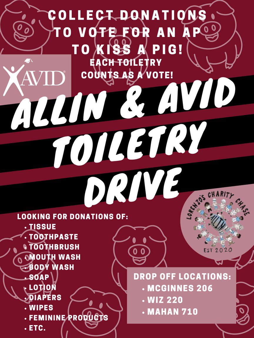 <a href="/PEORIA150/">PSD150</a> #PRIDEoftheCITY
#ALLIN + #ThisIsAVID
🧴TOILETRIES DRIVE 2021🧻 

STARTS TOMORROW!!!
each toiletry = 1 vote for your AP to kiss a pig🐷 

Current Standings:
75 - Ms. Scott
0 - <a href="/JuneSmothers3/">June Smothers</a> 
0 - <a href="/mskahill22/">Maegan Skahill</a> 
0 - Mr. McCormick

<a href="/lorenzo_charity/">Lorenzo's All In Charity Chase</a> <a href="/akeisjah/">akeisjah🫶🏾</a> <a href="/kaleigha0201/">Kaleigha</a>