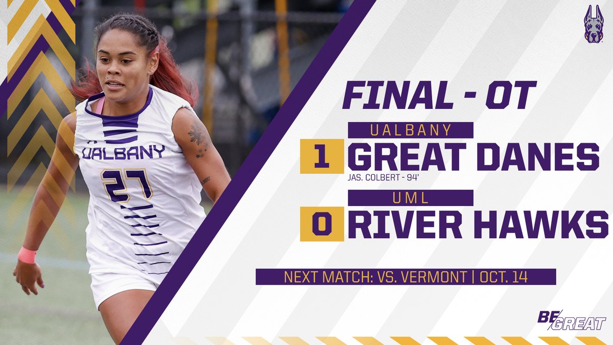 UAlbanyWSOC's tweet photo. FINAL | Jasmine Colbert's goal in overtime knocks off first-place UMass Lowell on the road.

#BeGreat // #AEWSOC https://t.co/1Dt7ITlxKg