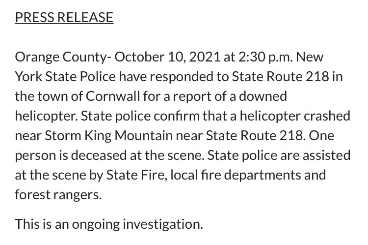 RT @IanPickus: NYS Police confirm there was at least one fatality in a helicopter crash in the Hudson Valley today https://t.co/RojphxtRPx