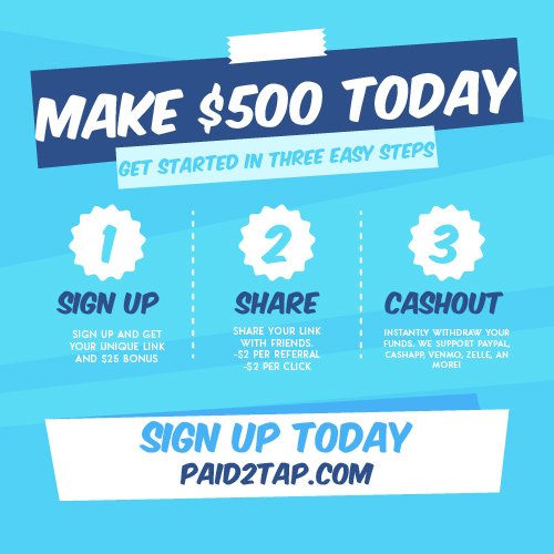 Drizzo321's tweet image. Hey I joined a network called Paid2Tap! You get paid for testing out new free apps and posting on social media. Sign up with my link for an instant $25 signup bonus

share.paid2tap.com/drizzo321
