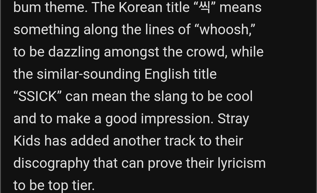 4. 씩 (SSICK)↬ wordplay:└ 씩 (ssick) - sound effect smile/smirk└ ssick - as something cool└ 미소 (mi so) - smile└ "me so sick" - can be read as "smile, ssick"└ "내 소식도 so sick" (nae so sik do so sick) - the news about me is so sick@.sataykids @.skzphorias