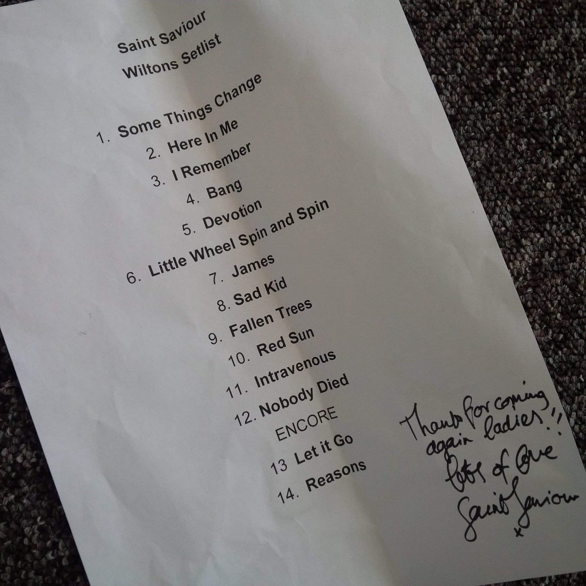 NicotineLove's tweet photo. Setlist from Saint Saviour ' s @SaintSaviour last ever show at @WiltonMusicHall in 2015. #TimsTwitterListeningParty #tomorrowagain https://t.co/ikvgLI3U0i