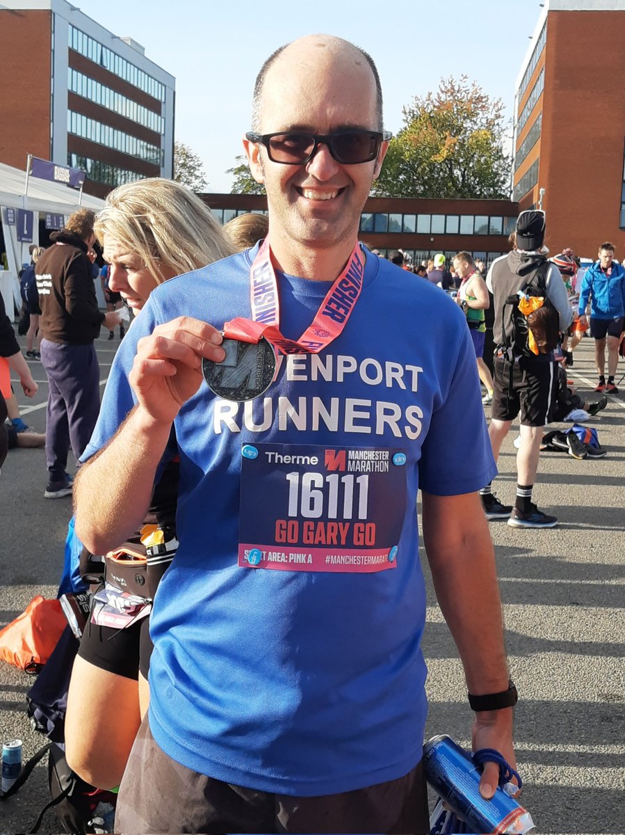 DrGarySci's tweet photo. Manchester Marathon: 3hr58:49

Delighted with sub-4hr at my first attempt. Exactly as planned, even paced up until about 36km, then dug deep for the finish. It was warm out there today! Well done folks!
💜💙🏅🏃🏼‍♂️💨
#GoGaryGo #TeamDPR
#manchestermarathon #Miles4Radiotherapy https://t.co/QNkSHZazOV