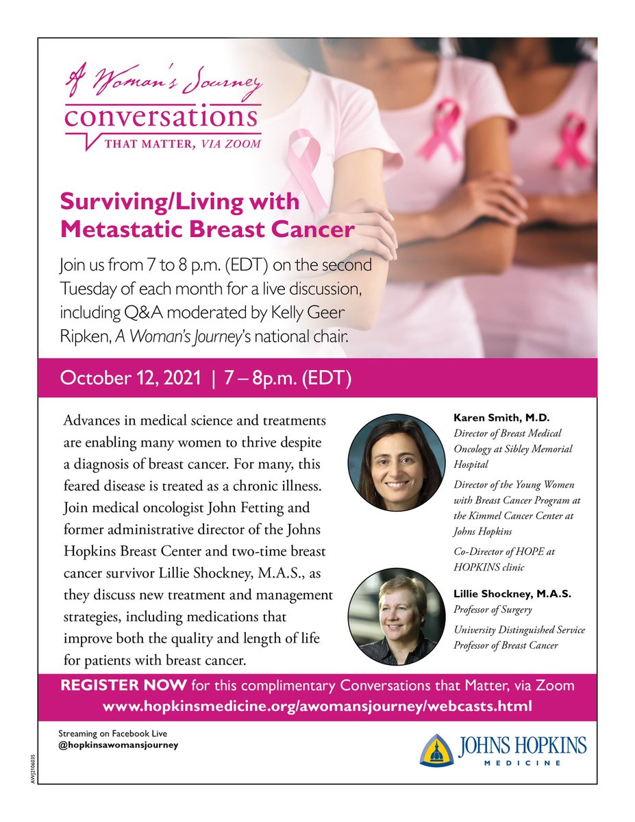 hopkinskimmel's tweet image. Tuesday night at 7PM, @awomansjourney is hosting a webinar on surviving and living with metastatic #breastcancer featuring Lillie Shockney and Dr Karen Smith. Register for free at bit.ly/3Dwogkj