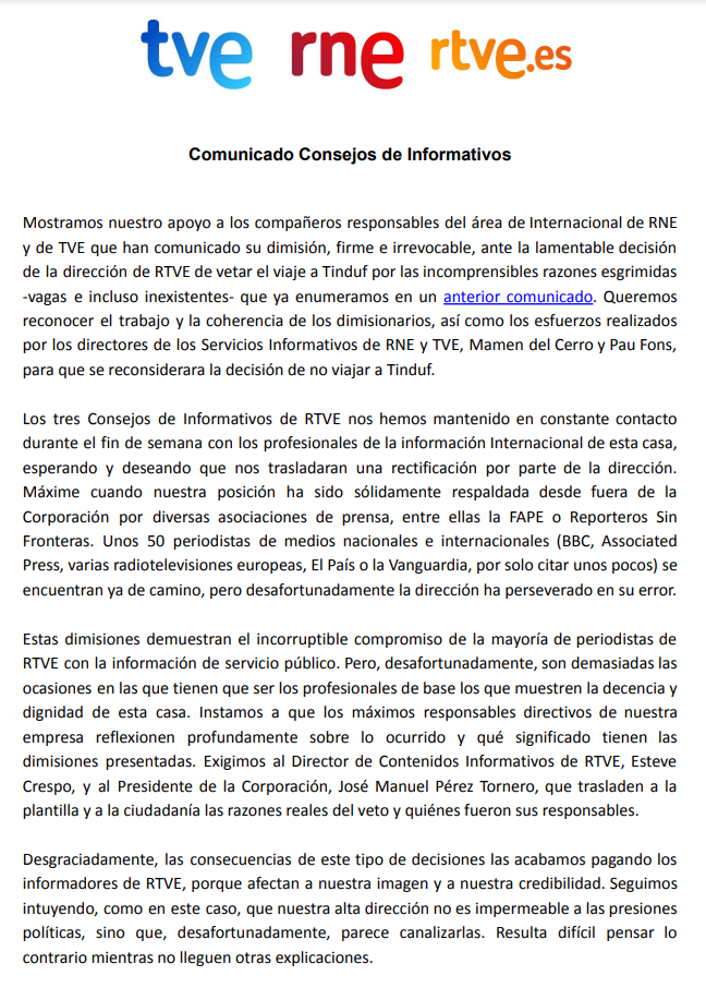 CdiRNE's tweet photo. El Consejo de Informativos de RNE apoya a los compañeros del área de Internacional que han comunicado su dimisión ante la lamentable decisión de la dirección de RTVE de vetar el viaje a Tinduf. Todo nuestro respaldo a @juantatosuarez y @gbontoux. Por una RTVE sin injerencias. https://t.co/oDCyh0CLXT