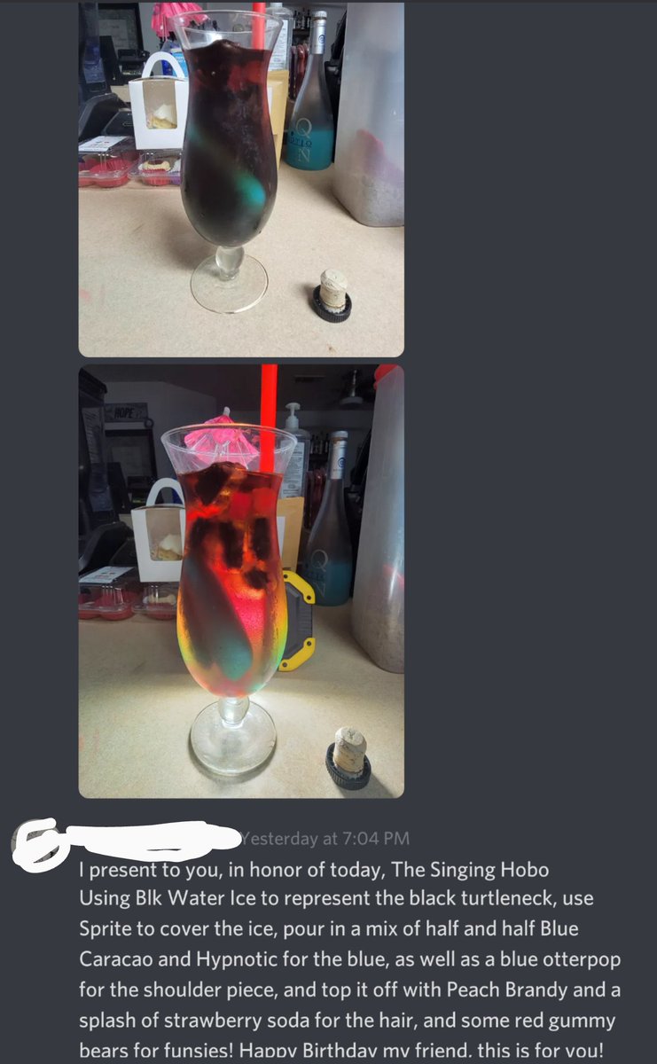 SingingVr's tweet photo. @AtlasHoki @live_kitsune I'm not sure about a meal, but one of my viewers made a cocktail after my vtuber, and I thought that was pretty dang cool! https://t.co/vxQKVWSOXG